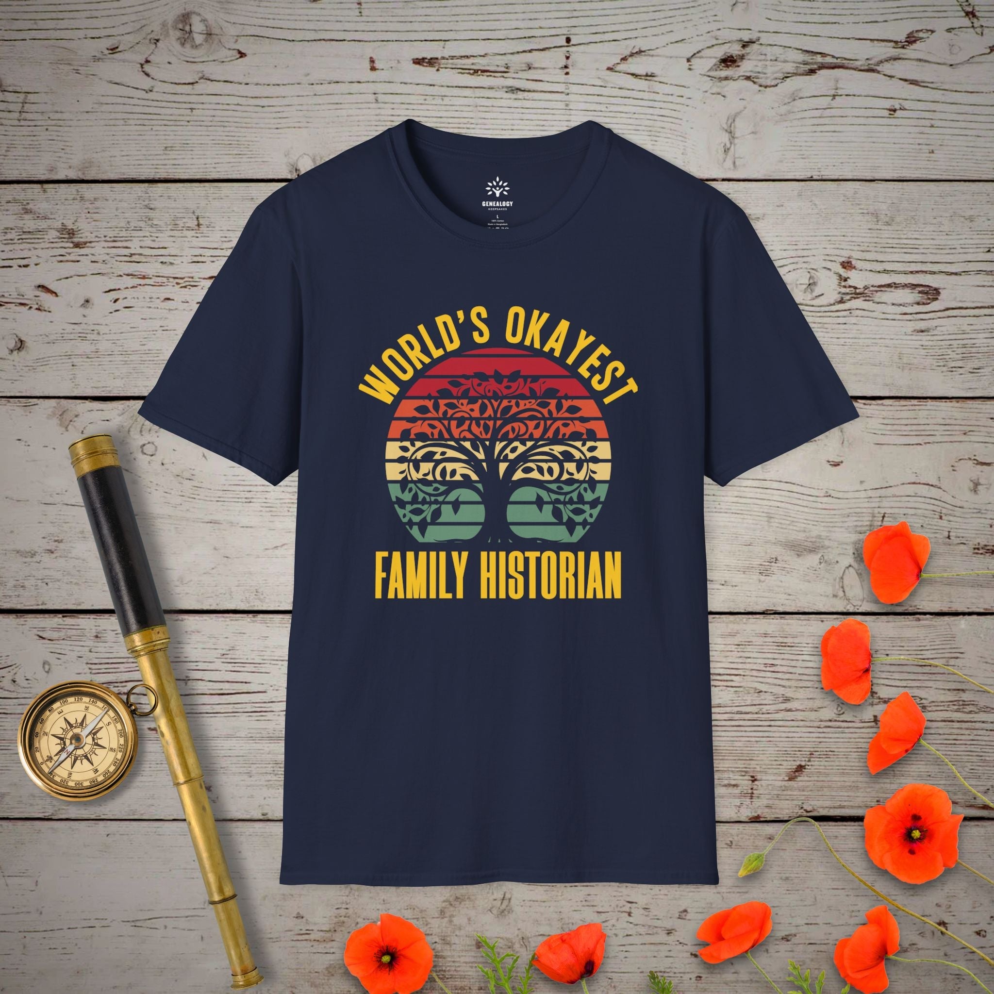 World's Okayest Family Historian T-Shirt in Navy by Genealogy Keepsakes