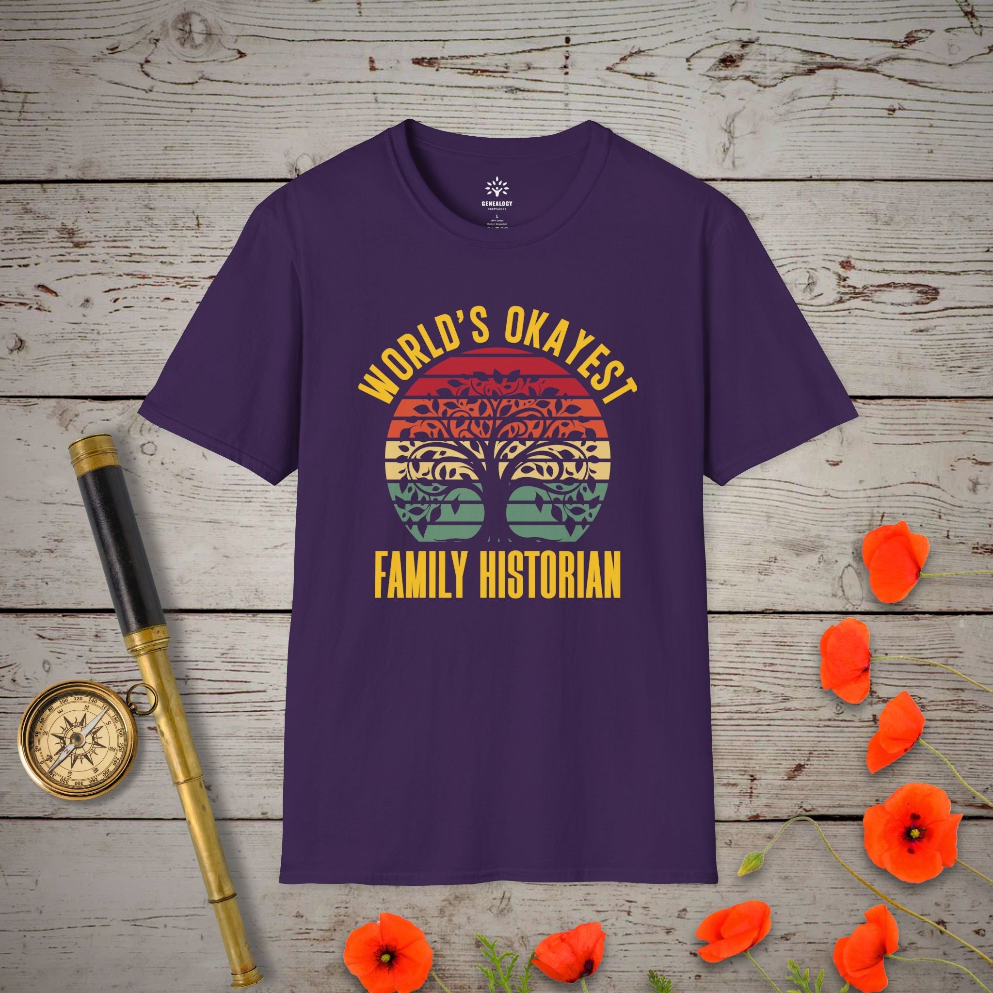 World's Okayest Family Historian T-Shirt in Purple by Genealogy Keepsakes