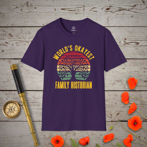 World's Okayest Family Historian T-Shirt in Purple by Genealogy Keepsakes