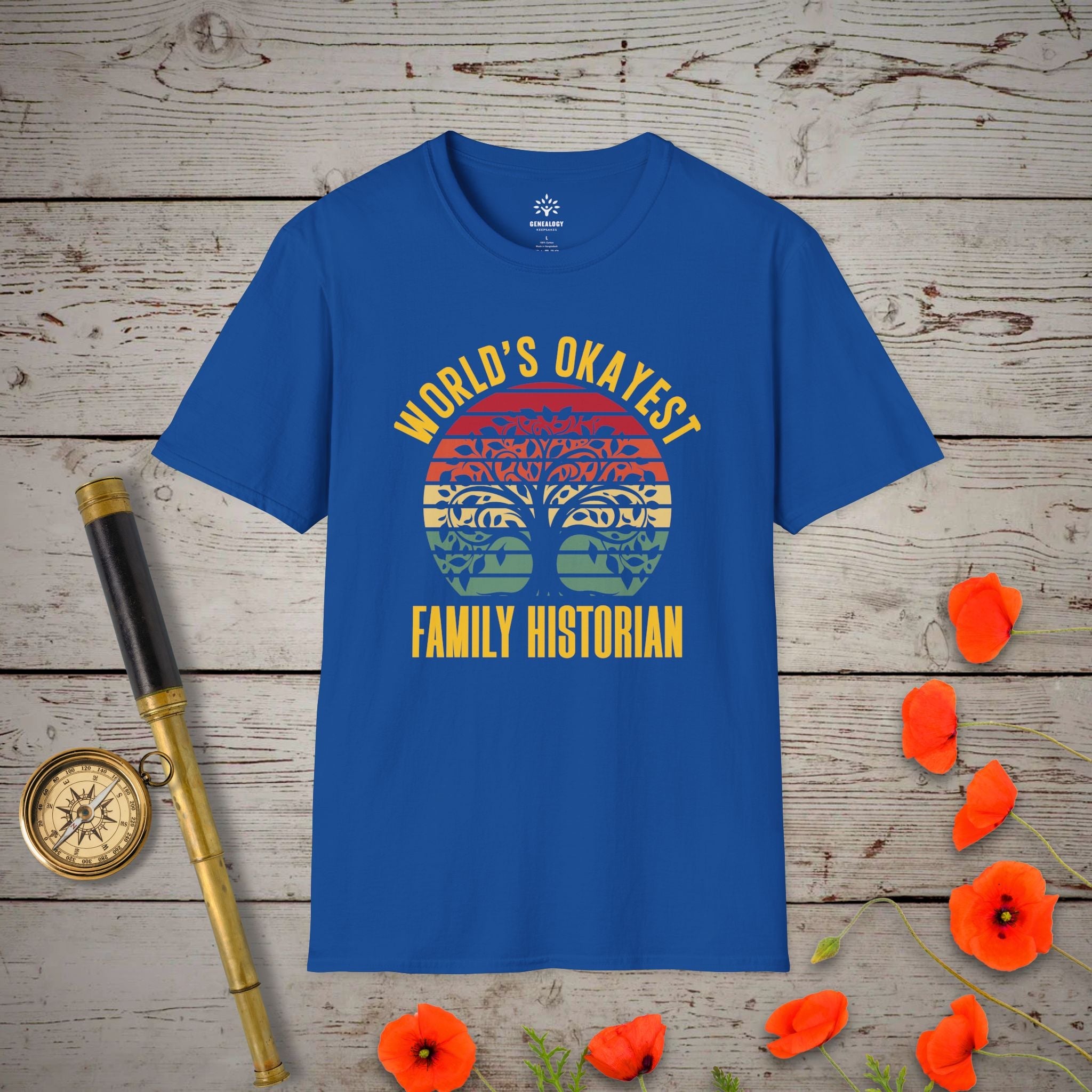 World's Okayest Family Historian T-Shirt in Royal by Genealogy Keepsakes